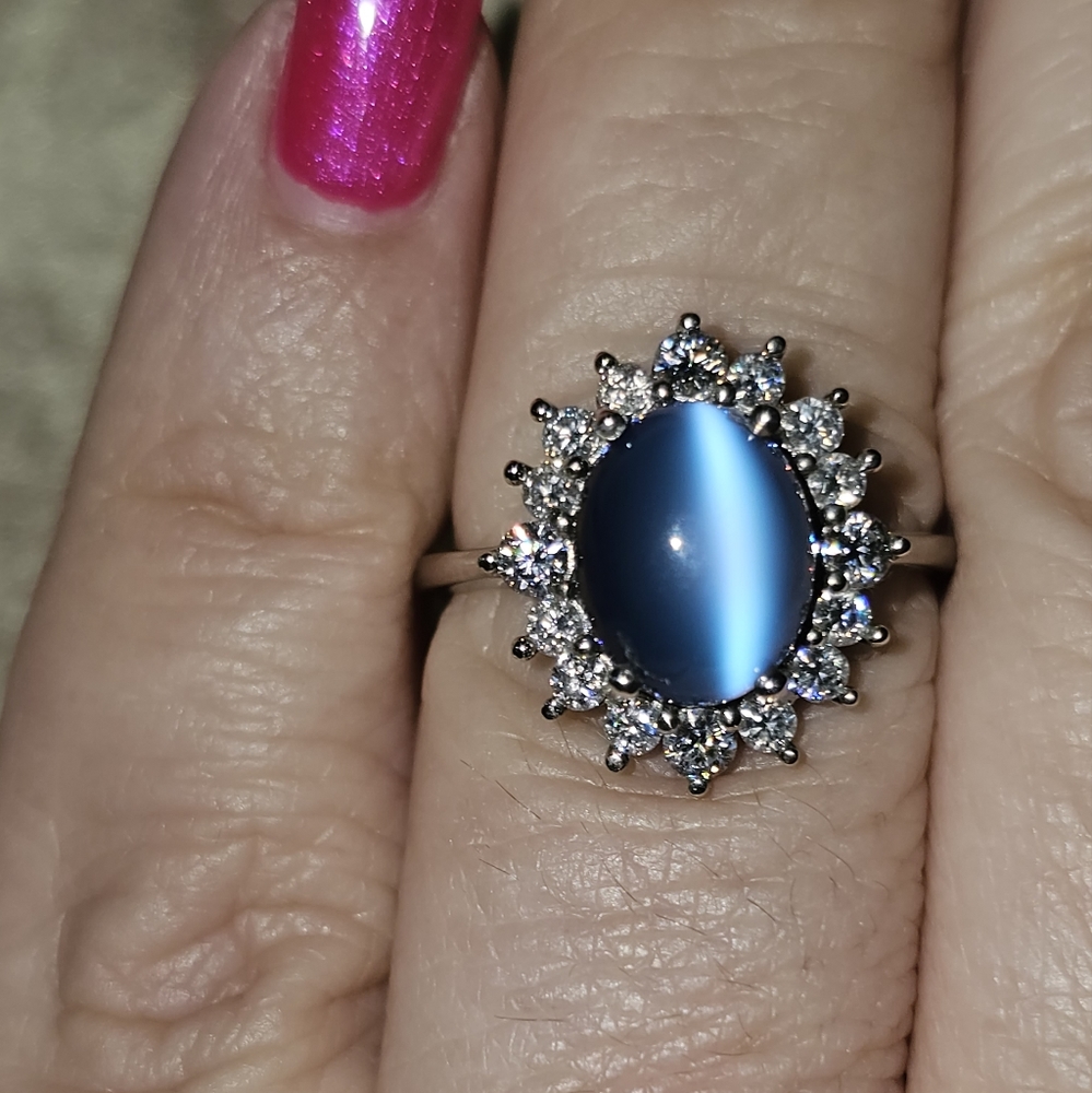 Sz 7.5, Aurora Moonstone, Moissanite Halo Ring, 925 Silver, Platinum, NWT